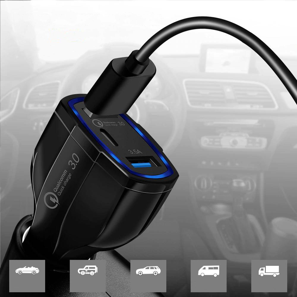 Cargador de coche WZK WCC-01, 36W, 3,5A, 1 x USB-C - 2 x USB-A, Negro