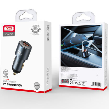 Cargador de coche XO Design CC47, 100W, 3,25A, 1 x USB-A - 1 x USB-C, Gris