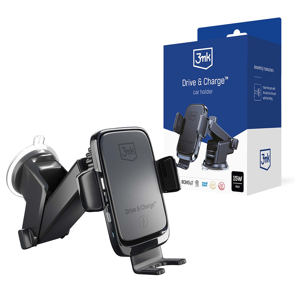 Cargador de Coche Inalámbrico 3MK Drive&Charge, 15W, 1.67A, Negro