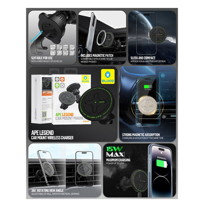 Cargador de Coche Inalámbrico Blueo Ape Legend, 15W, 1.67A, Negro