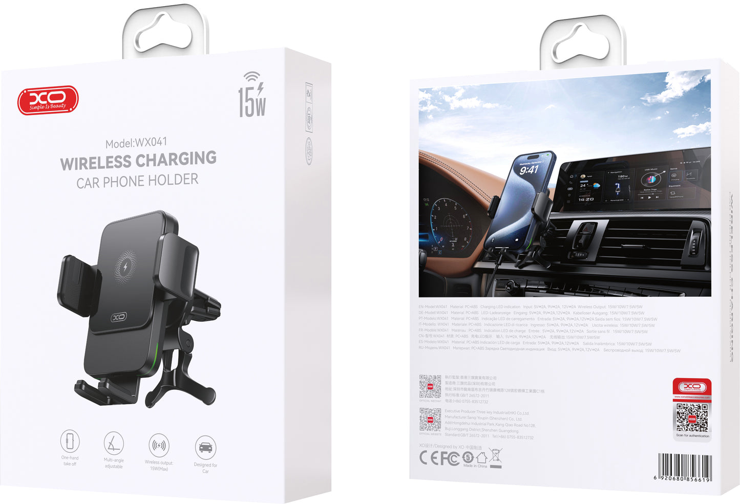 Cargador de Coche Inalámbrico XO Design WX041 Vent, 15W, 1.67A, Negro