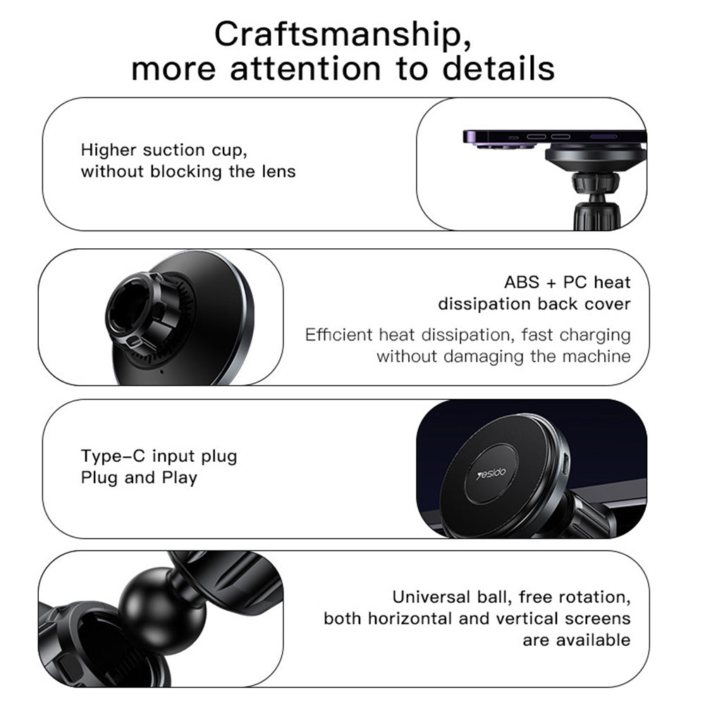 Cargador de Coche Inalámbrico Yesido C190, 15W, 1.67A, Negro