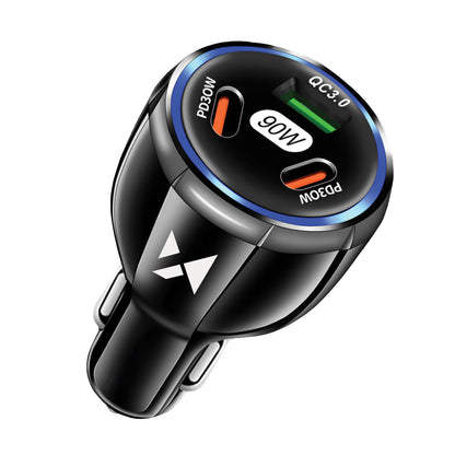 Cargador de coche WZK WCCCA, 90W, 3A, 1 x USB-A - 2 x USB-C, Negro 