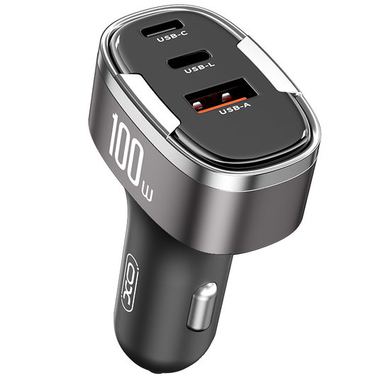 Cargador de coche XO Design CC61, 100W, 3A, 1 x Lightning - 1 x USB-A - 1 x USB-C, Gris