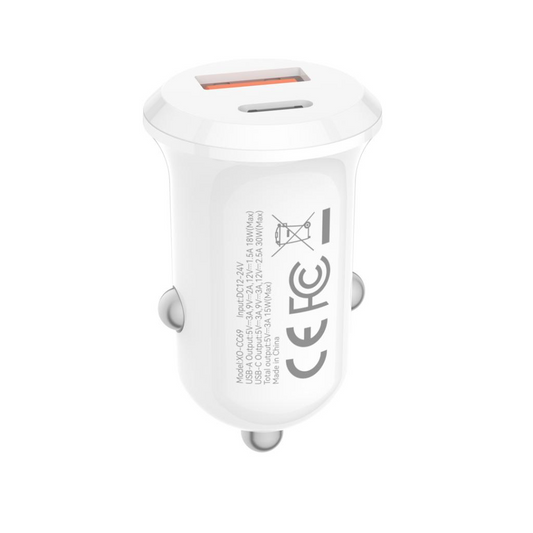 Cargador de coche XO Design CC69, 30W, 3A, 1 x USB-A - 1 x USB-C, Blanco