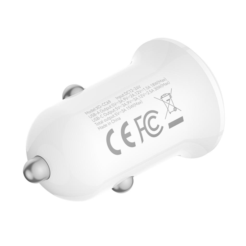 Cargador de coche XO Design CC69, 30W, 3A, 1 x USB-A - 1 x USB-C, Blanco