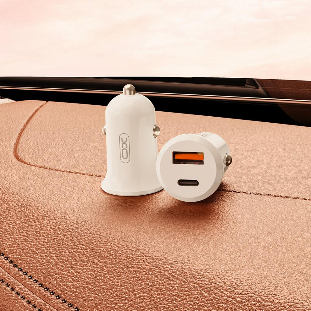 Cargador de coche XO Design CC69, 30W, 3A, 1 x USB-A - 1 x USB-C, Blanco