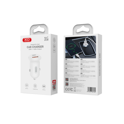 Cargador de coche XO Design CC69, 30W, 3A, 1 x USB-A - 1 x USB-C, Blanco
