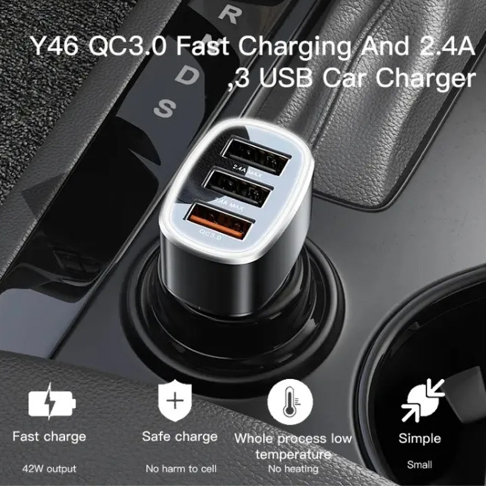 Cargador de Coche Yesido Y46, 42W, 3A, 3 x USB-A, Negro