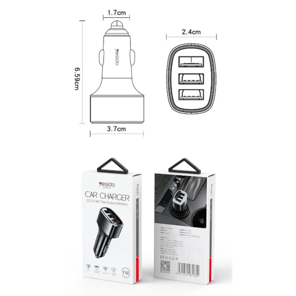 Cargador de Coche Yesido Y46, 42W, 3A, 3 x USB-A, Negro