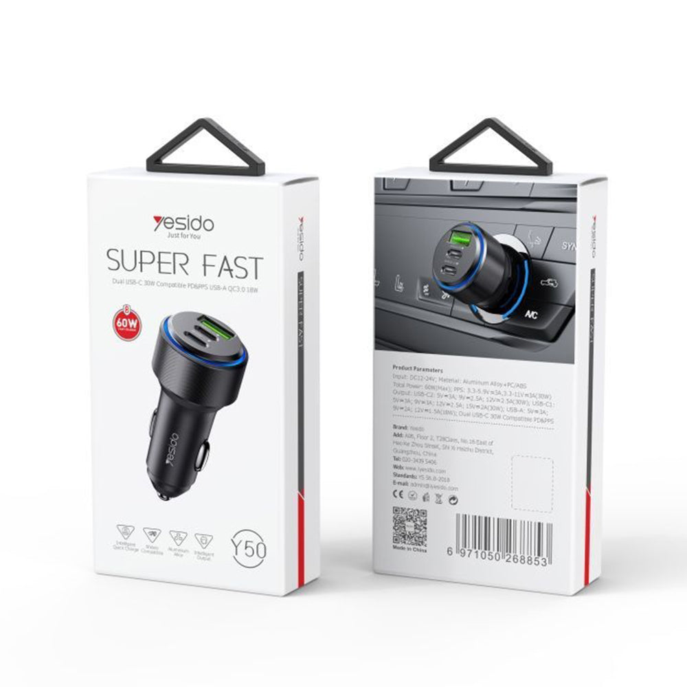 Yesido Y50 Car Charger, 60W, 3A, 1 x USB-A - 2 x USB-C, Black