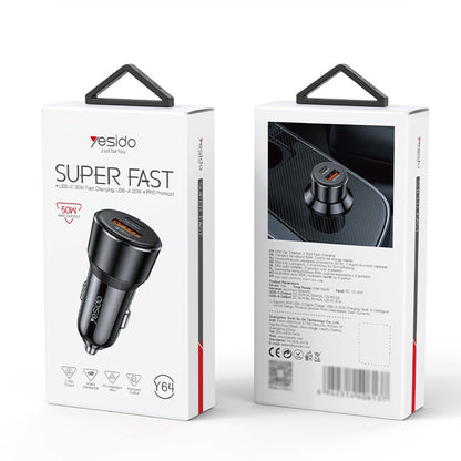 Yesido Y64 Car Charger, 50W, 3A, 1 x USB-A - 1 x USB-C, Black
