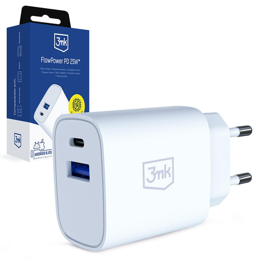 Cargador de Red 3MK FlowPower, 25W, 1 x USB-A - 1 x USB-C, Blanco