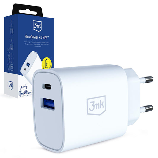 Cargador de Red 3MK FlowPower, 30W, 1 x USB-A - 1 x USB-C, Blanco