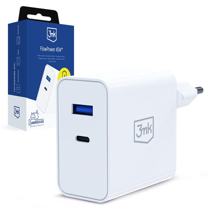 Cargador de Red 3MK FlowPower, 45W, 1 x USB-A - 1 x USB-C, Blanco