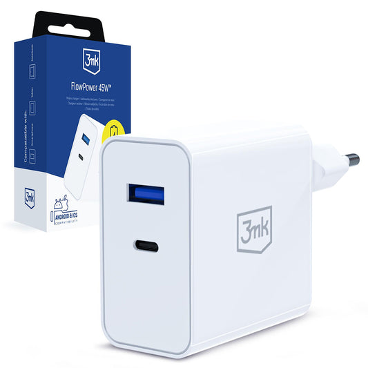 Cargador de Red 3MK FlowPower, 45W, 1 x USB-A - 1 x USB-C, Blanco