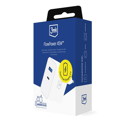 Cargador de Red 3MK FlowPower, 45W, 1 x USB-A - 1 x USB-C, Blanco