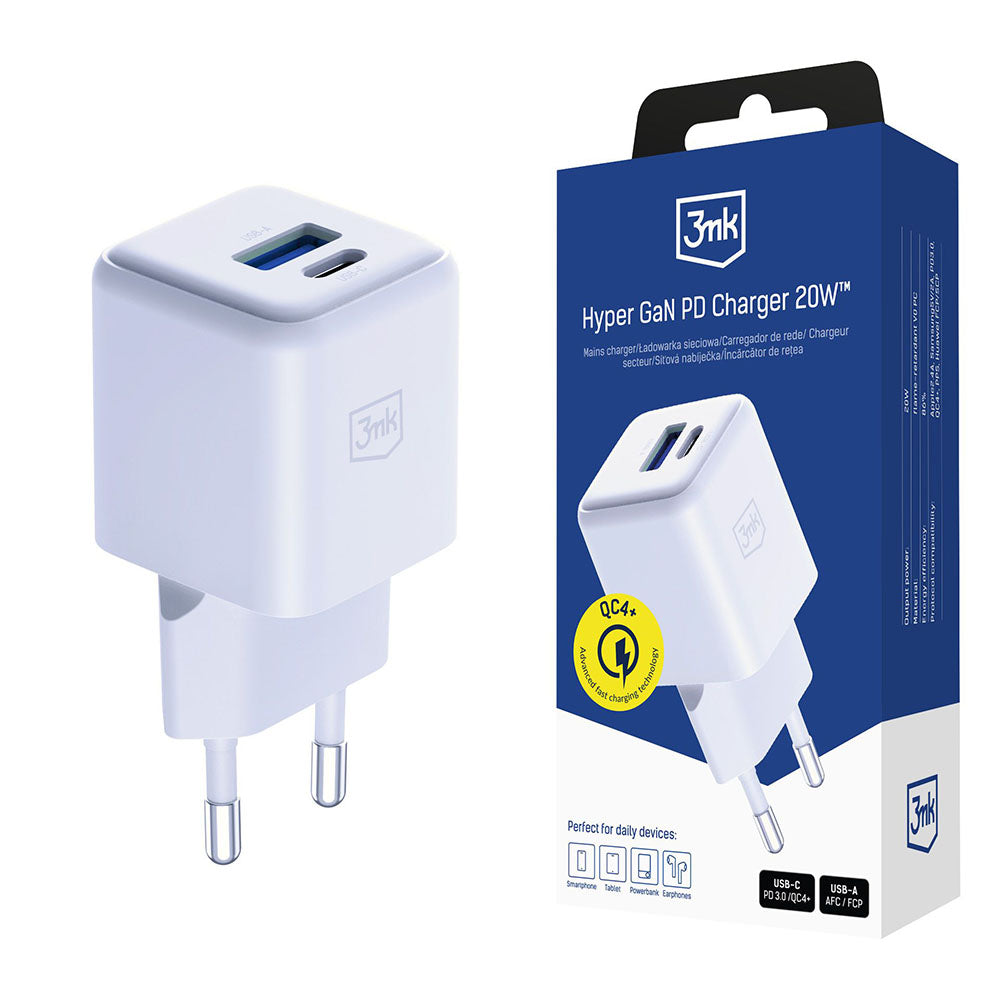 Cargador de Red 3MK Hyper, 20W, 3A, 1 x USB-A - 1 x USB-C, Blanco