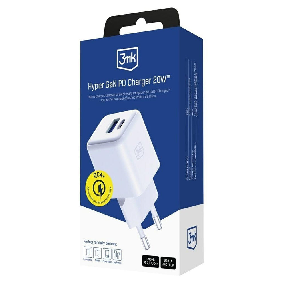 Cargador de Red 3MK Hyper, 20W, 3A, 1 x USB-A - 1 x USB-C, Blanco