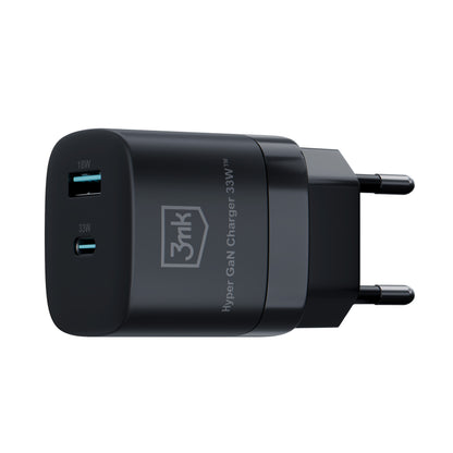 Cargador de red 3MK HyperCharger GaN, 33W, 3A, 1 x USB-A - 1 x USB-C, Negro 