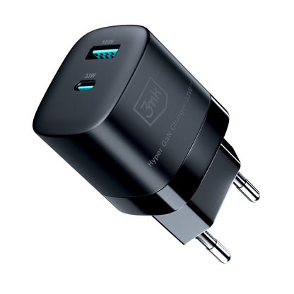 Cargador de red 3MK HyperCharger GaN, 33W, 3A, 1 x USB-A - 1 x USB-C, Negro 