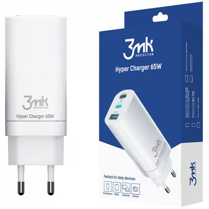 3MK HyperCharger Wall Charger, 65W, 5A, 1 x USB-A - 2 x USB-C, White