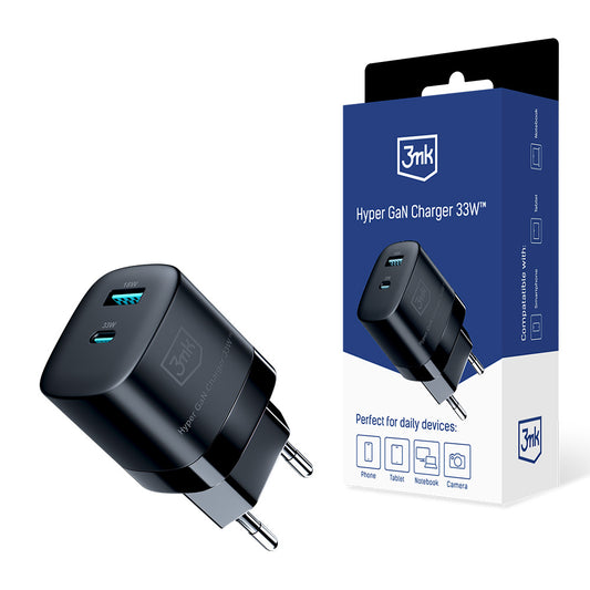 Cargador de red 3MK HyperCharger GaN, 33W, 3A, 1 x USB-A - 1 x USB-C, Negro 