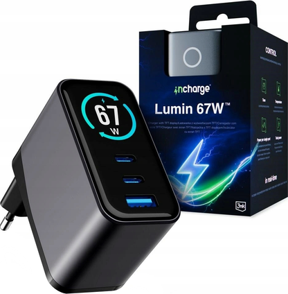 Cargador de Red 3MK InCharge Lumin Display, 67W, 5A, 1 x USB-A - 2 x USB-C, Negro