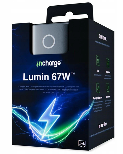 Cargador de Red 3MK InCharge Lumin Display, 67W, 5A, 1 x USB-A - 2 x USB-C, Negro