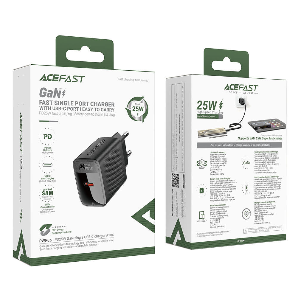 Cargador de Red Acefast A104, 25W, 3A, 1 x USB-C, Negro