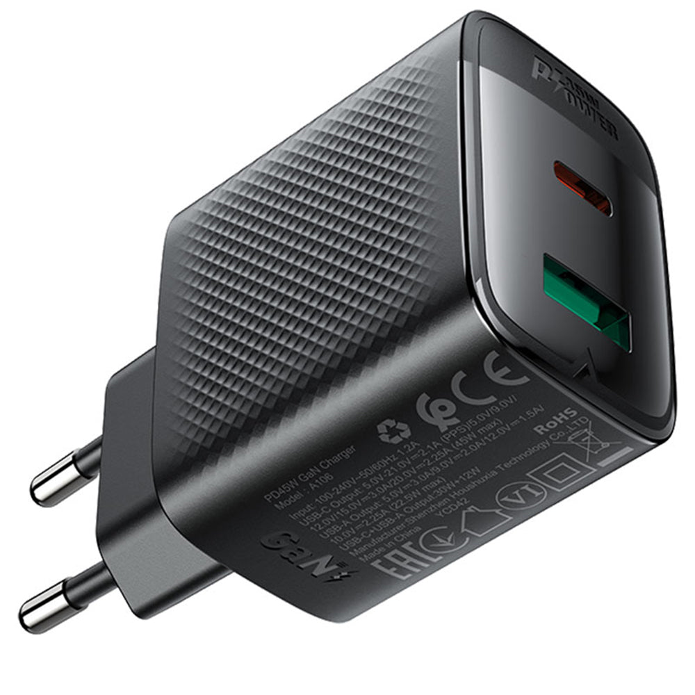 Cargador de Red Acefast A106, 45W, 3A, 1 x USB-A - 1 x USB-C, Negro