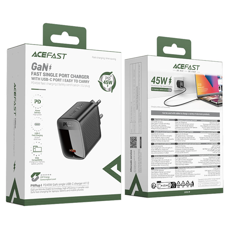Cargador de Red Acefast A112, 45W, 3A, 1 x USB-C, Negro