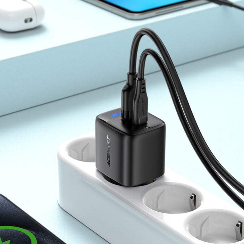 Cargador de Red Acefast A114 Display, 25W, 3A, 1 x USB-A - 1 x USB-C, Negro
