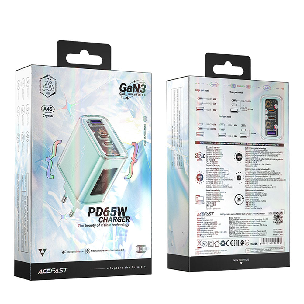 Cargador de Red Acefast A45 Exploration, 65W, 3.25A, 1 x USB-A - 2 x USB-C, Verde