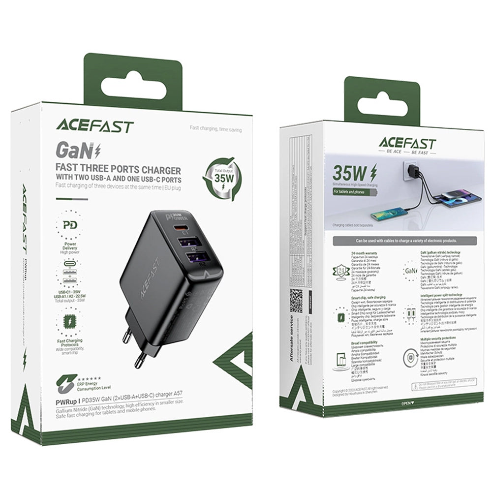 Cargador de Red Acefast A57, 35W, 3A, 2 x USB-A - 1 x USB-C, Negro