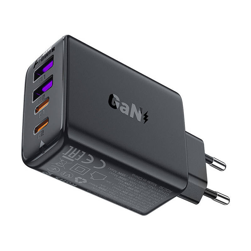 Cargador de red Acefast A61, 45W, 3A, 2 x USB-A - 2 x USB-C, Negro