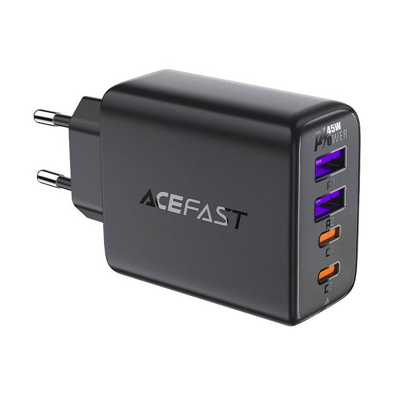 Cargador de red Acefast A61, 45W, 3A, 2 x USB-A - 2 x USB-C, Negro 