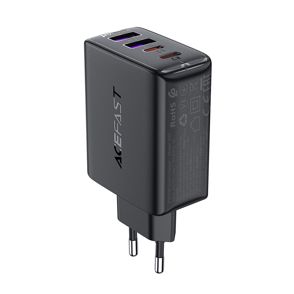 Cargador de red Acefast A61, 45W, 3A, 2 x USB-A - 2 x USB-C, Negro