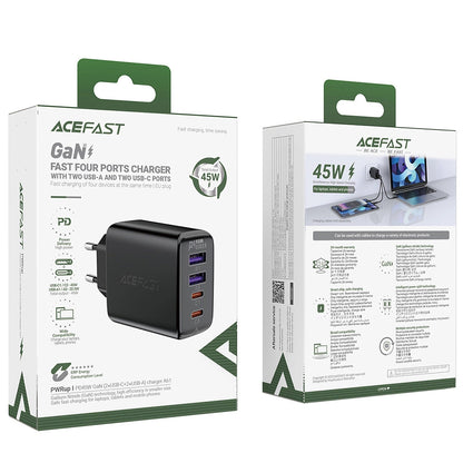 Cargador de red Acefast A61, 45W, 3A, 2 x USB-A - 2 x USB-C, Negro