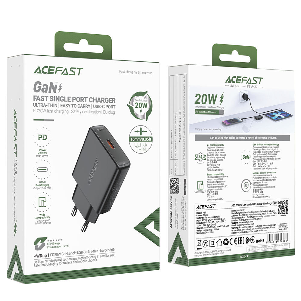 Cargador de Red Acefast A65, 20W, 3A, 1 x USB-C, Negro