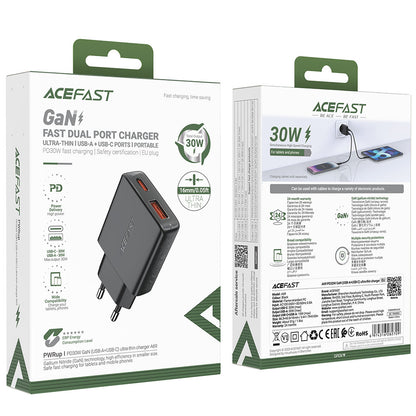 Cargador de Red Acefast A69, 30W, 3A, 1 x USB-A - 1 x USB-C, Negro