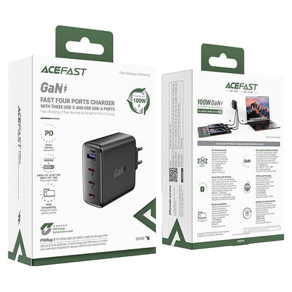 Cargador de Red Acefast A94, 100W, 5A, 1 x USB-A - 3 x USB-C, Negro