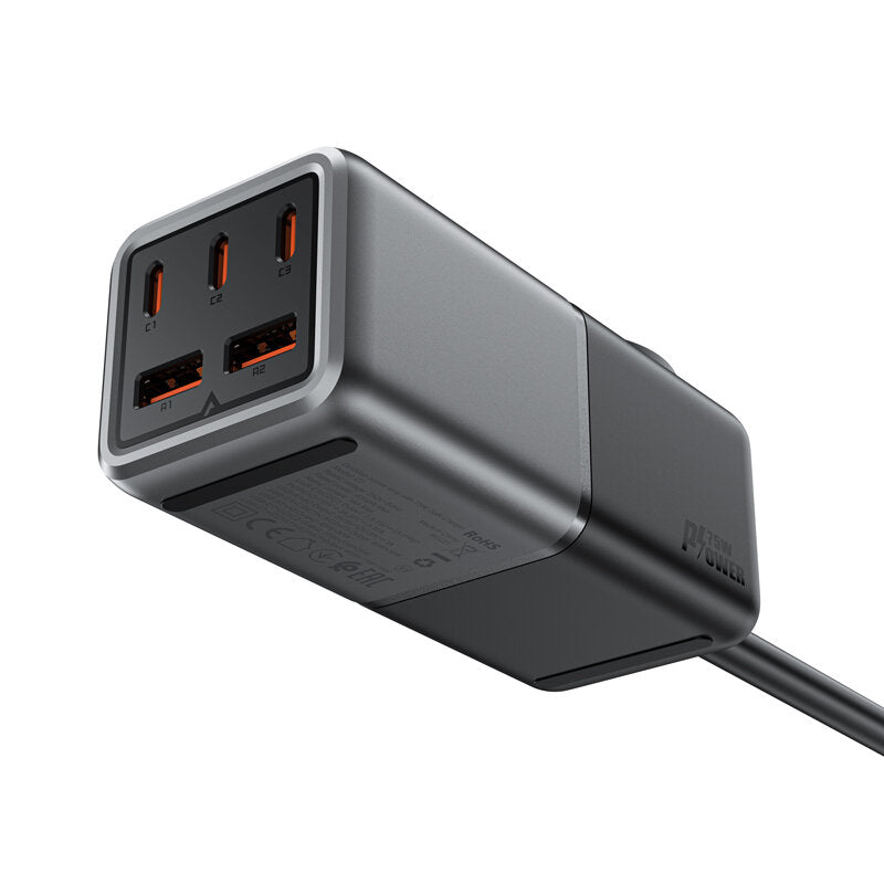 Cargador de red Acefast Z2 GaN, 75 W, 5 A, 2 x USB-A - 3 x USB-C - 1 x Schuko, Gris