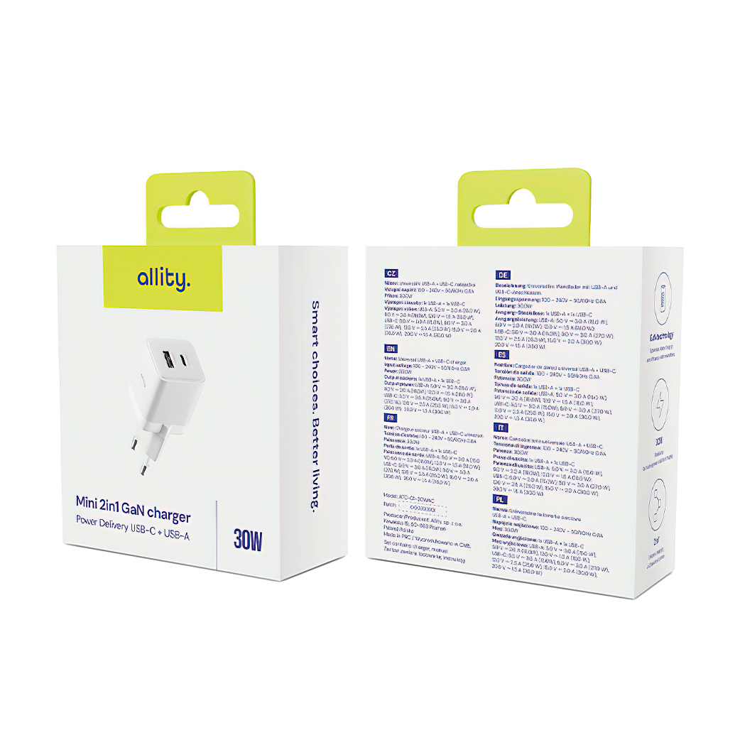 Cargador de Red Allity. ATC-01-30WAC Mini, 30W, 3A, 1 x USB-A - 1 x USB-C, Blanco.