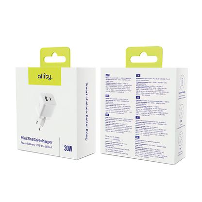 Cargador de Red Allity. ATC-01-30WAC Mini, 30W, 3A, 1 x USB-A - 1 x USB-C, Blanco.