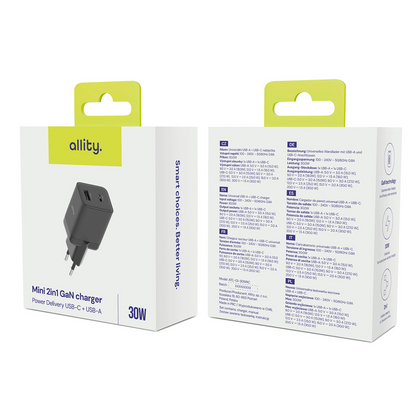 Cargador de Red Allity. ATC-01-30WAC Mini, 30W, 3A, 1 x USB-A - 1 x USB-C, Negro