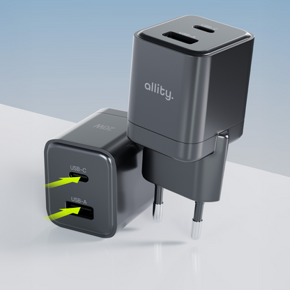 Cargador de Red Allity. ATC-01-30WAC Mini, 30W, 3A, 1 x USB-A - 1 x USB-C, Negro