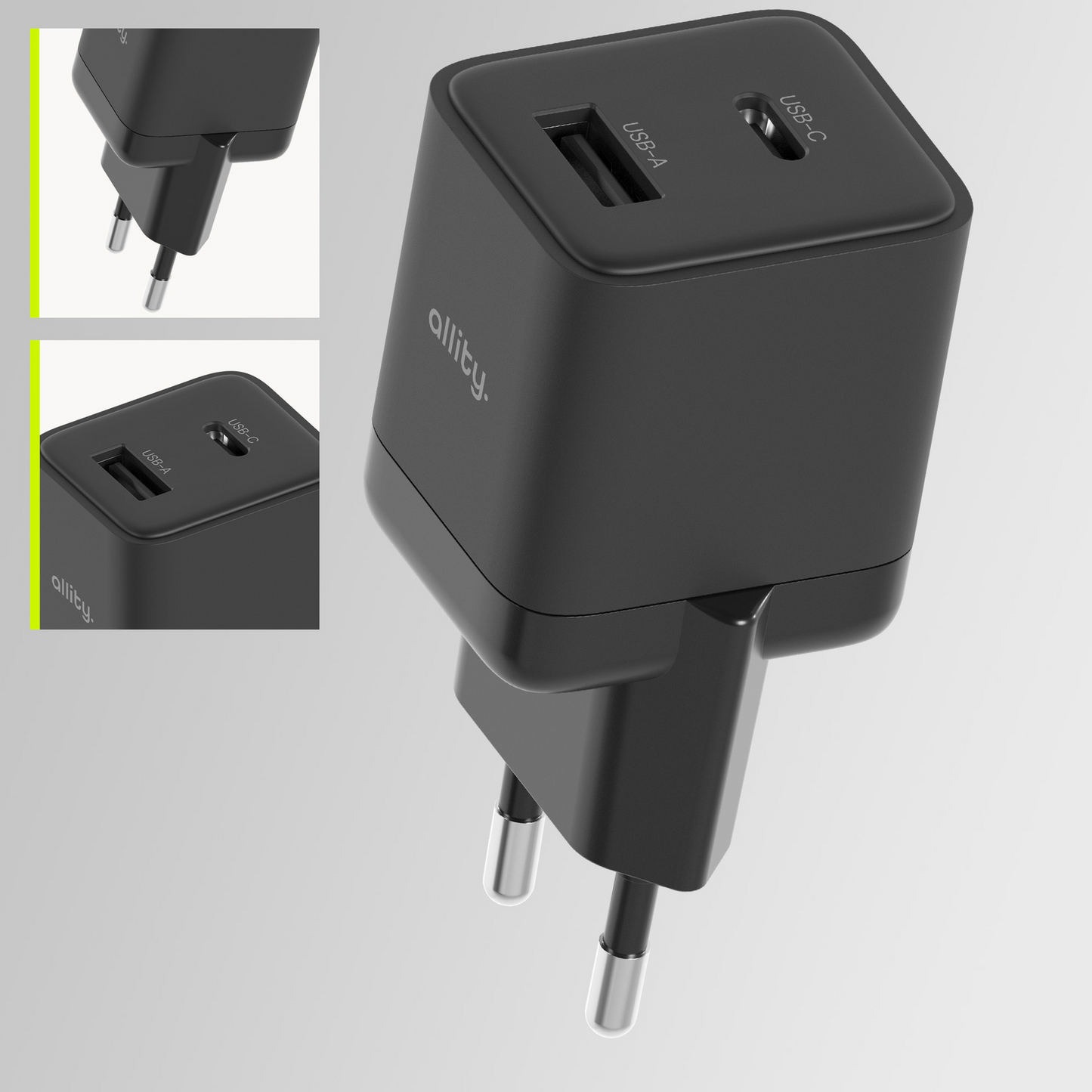 Cargador de Red Allity. ATC-01-30WAC Mini, 30W, 3A, 1 x USB-A - 1 x USB-C, Negro