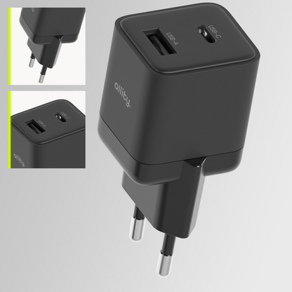 Cargador de Red Allity. ATC-01-30WAC Mini, 30W, 3A, 1 x USB-A - 1 x USB-C, Negro