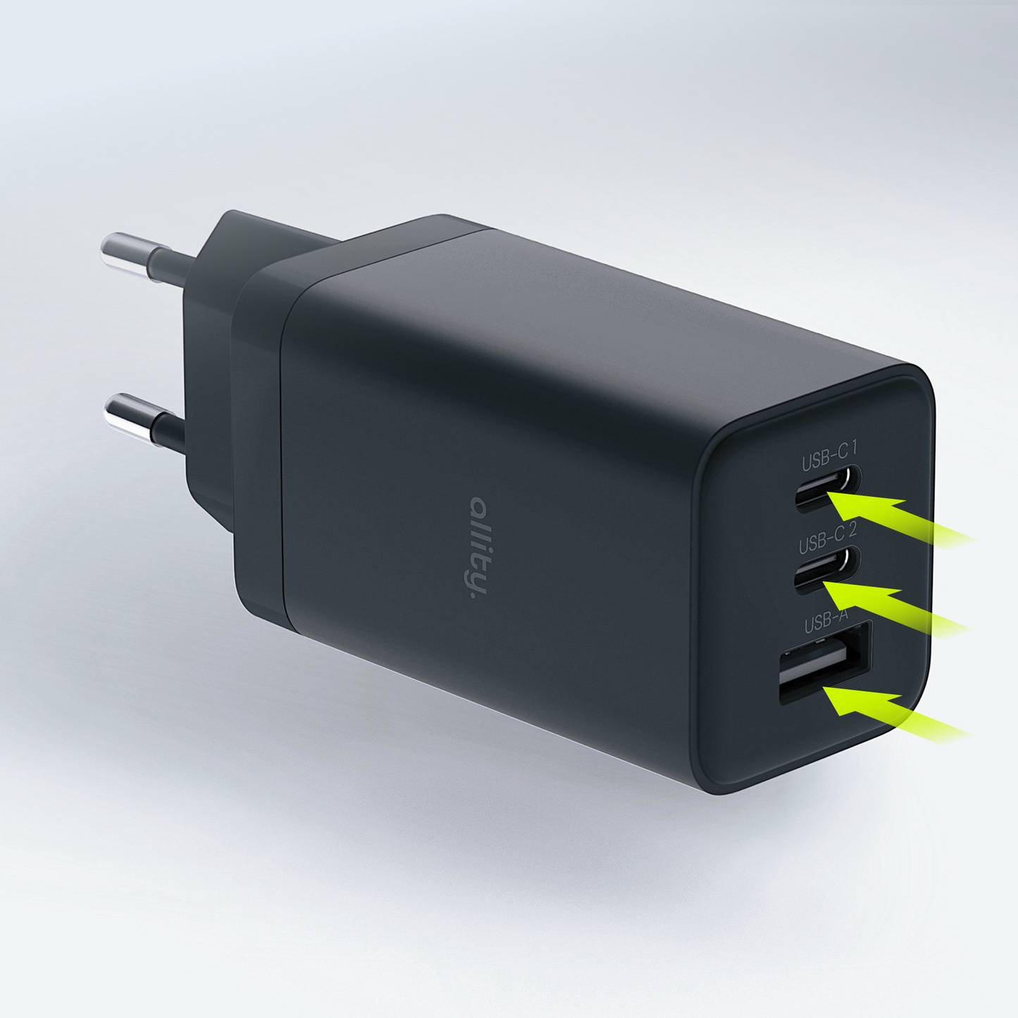 Cargador de Red Allity. ATC-01-65WACC Fast, 65W, 3.25A, 1 x USB-A - 2 x USB-C, Negro.